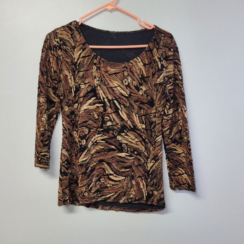 G Wheels Brown Abstract Feather Print Long Sleeve Scoop Neck Top Womens